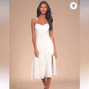 Loveliest Looks White Floral Jacquard Tie-Strap Midi Dress
